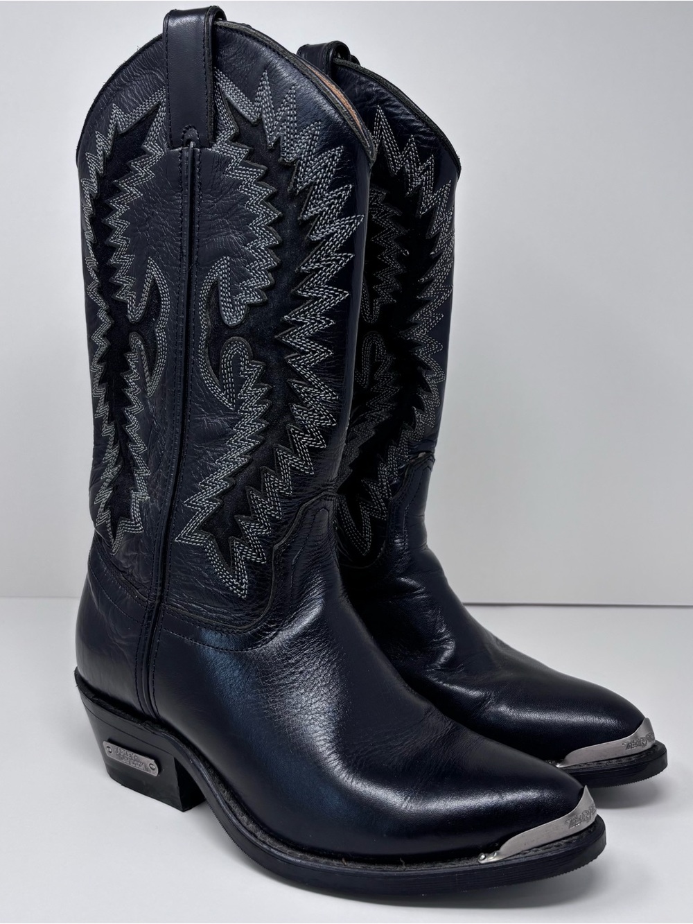 Vintage Harley Davidson Women's Black Leather Boots with Silver Toe Caps Size 7